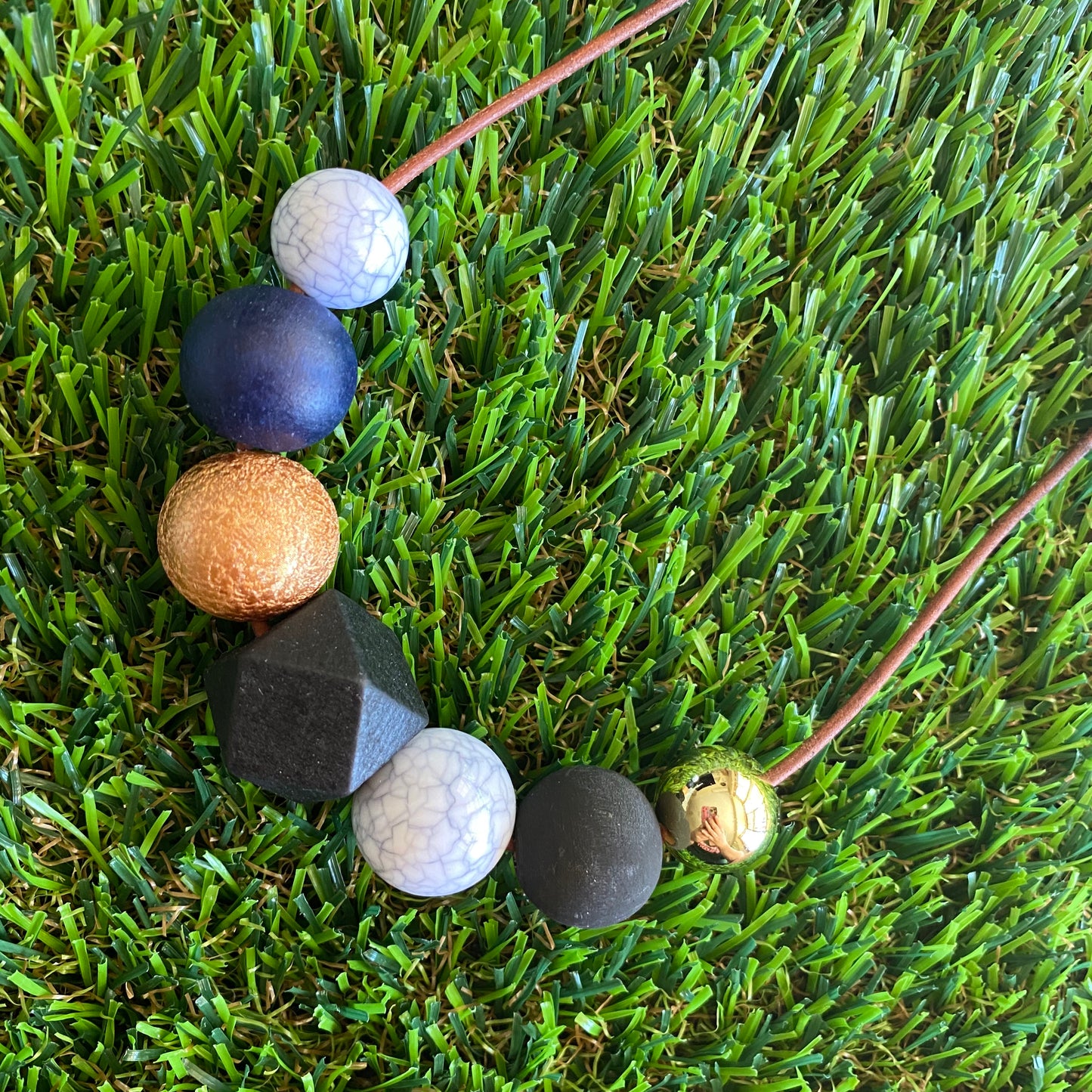 Leather Beaded Necklace - Handmade Lightweight Designer Necklace Made with Adjustable Sliding Knots - Featuring Black, Crackle Gold, Navy and Marble Accents.