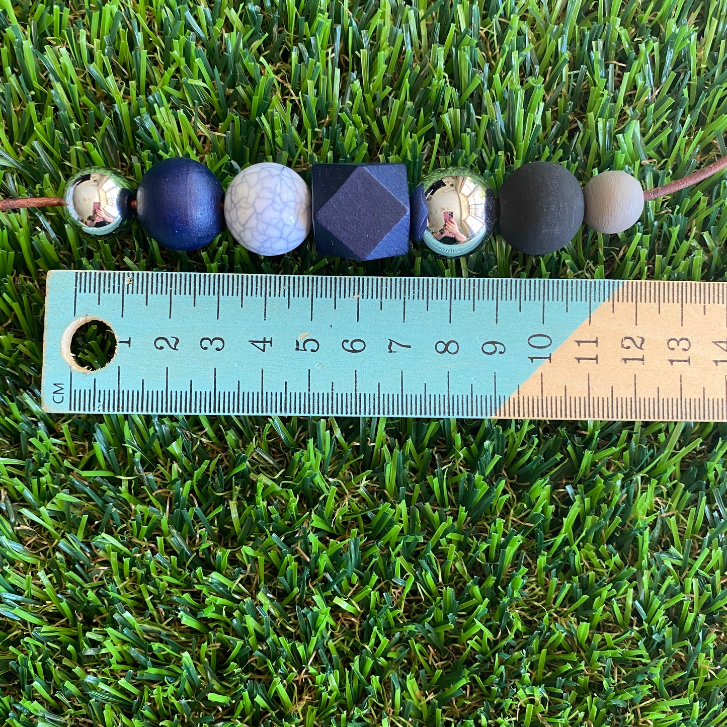 Leather Beaded Necklace - Handmade Lightweight Designer Necklace Made with Adjustable Sliding Knots - Featuring Navy, Silver, Black and Marble Accents.