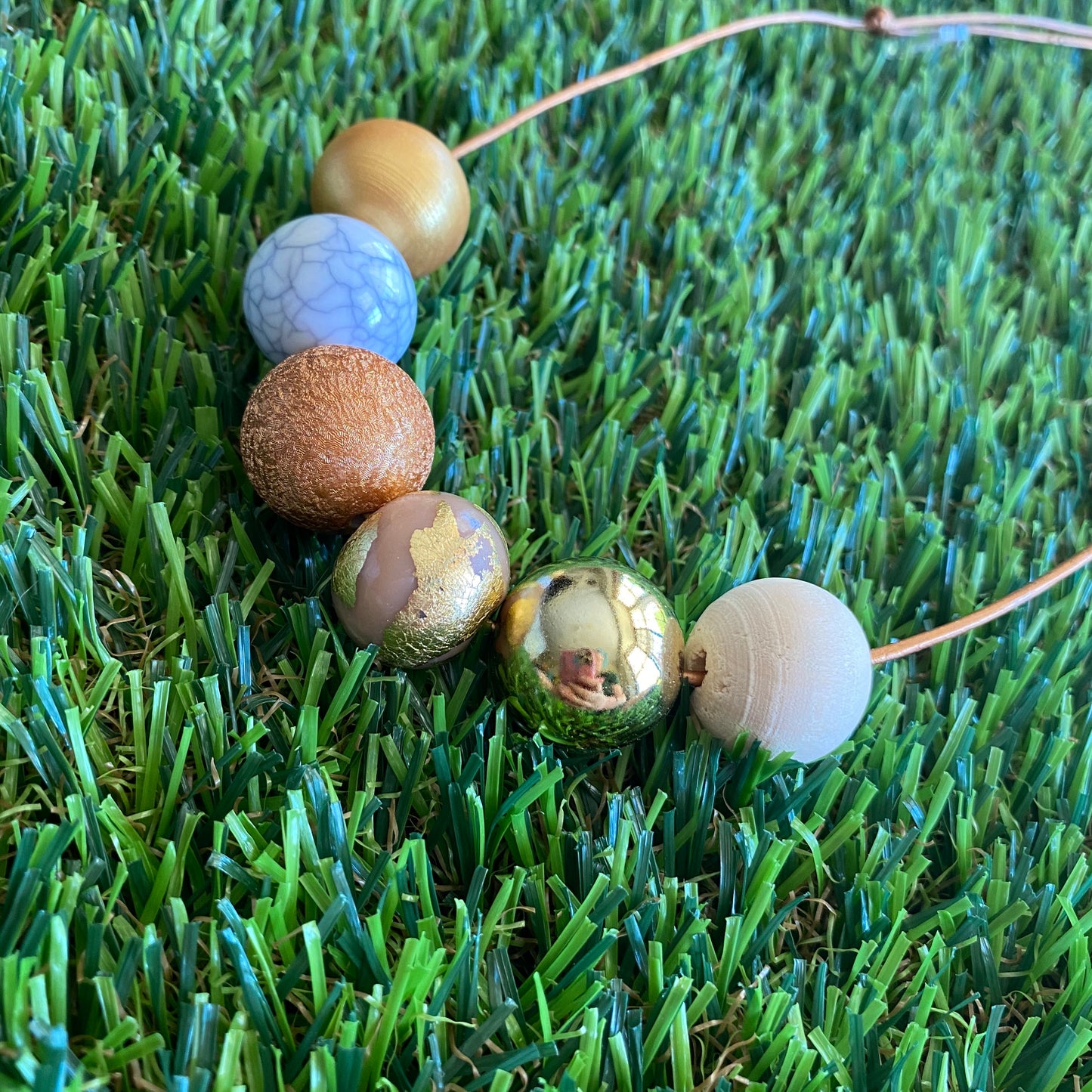 Leather Beaded Necklace - Handmade Lightweight Designer Necklace Made with Adjustable Sliding Knots - Featuring Gold, Marble, Crackle Gold, Timber and Foiled Accents.