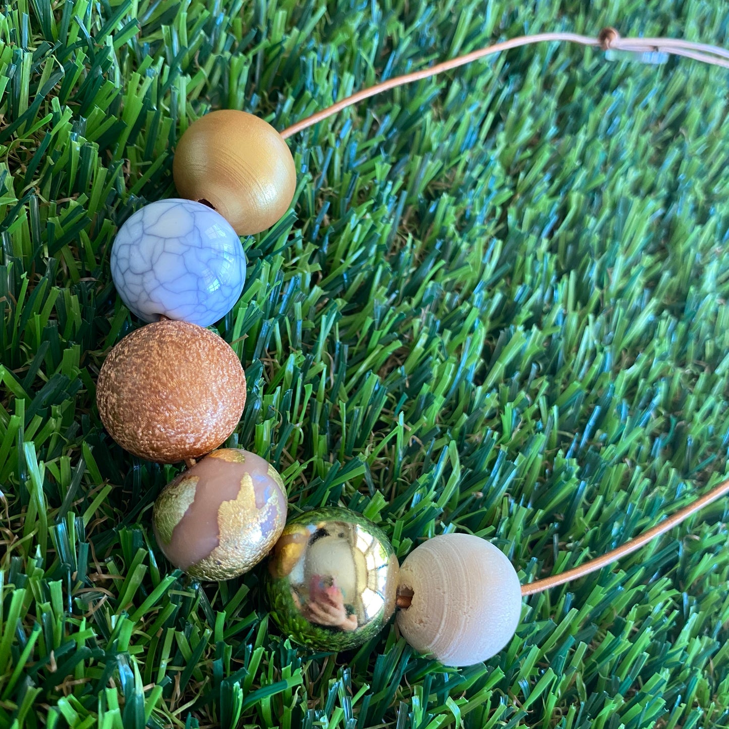 Leather Beaded Necklace - Handmade Lightweight Designer Necklace Made with Adjustable Sliding Knots - Featuring Gold, Marble, Crackle Gold, Timber and Foiled Accents.