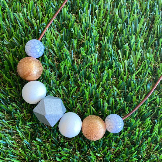 Leather Beaded Necklace - Handmade Lightweight Designer Necklace Made with Adjustable Sliding Knots - Featuring White, Silver, Crackle Gold and Marble Accents.