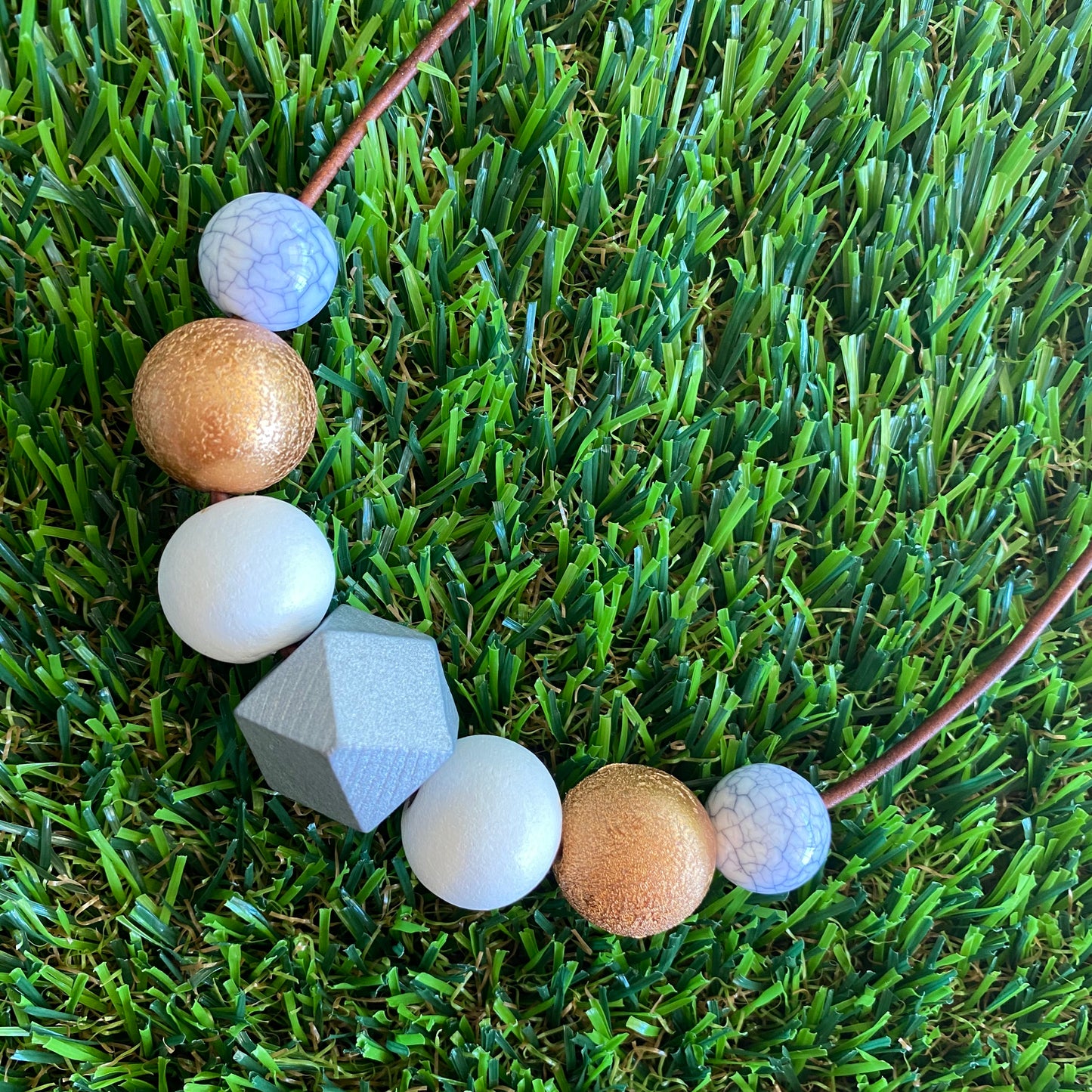 Leather Beaded Necklace - Handmade Lightweight Designer Necklace Made with Adjustable Sliding Knots - Featuring White, Silver, Crackle Gold and Marble Accents.