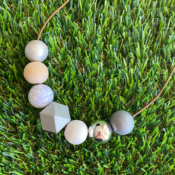 Leather Beaded Necklace - Handmade Lightweight Designer Necklace Made with Adjustable Sliding Knots - Featuring Silver, White, Marble and Timber Accents.