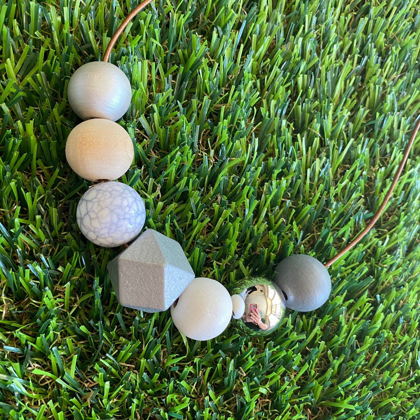Leather Beaded Necklace - Handmade Lightweight Designer Necklace Made with Adjustable Sliding Knots - Featuring Silver, White, Marble and Timber Accents.