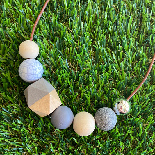 Leather Beaded Necklace - Handmade Lightweight Designer Necklace Made with Adjustable Sliding Knots - Featuring Timber, Grey, Mable and Granite Accents.