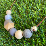 Leather Beaded Necklace - Handmade Lightweight Designer Necklace Made with Adjustable Sliding Knots - Featuring Timber, Grey, Mable and Granite Accents.