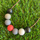 Leather Beaded Necklace - Handmade Lightweight Designer Necklace Made with Adjustable Sliding Knots - Featuring Red, Grey, Silver and Black Accents.