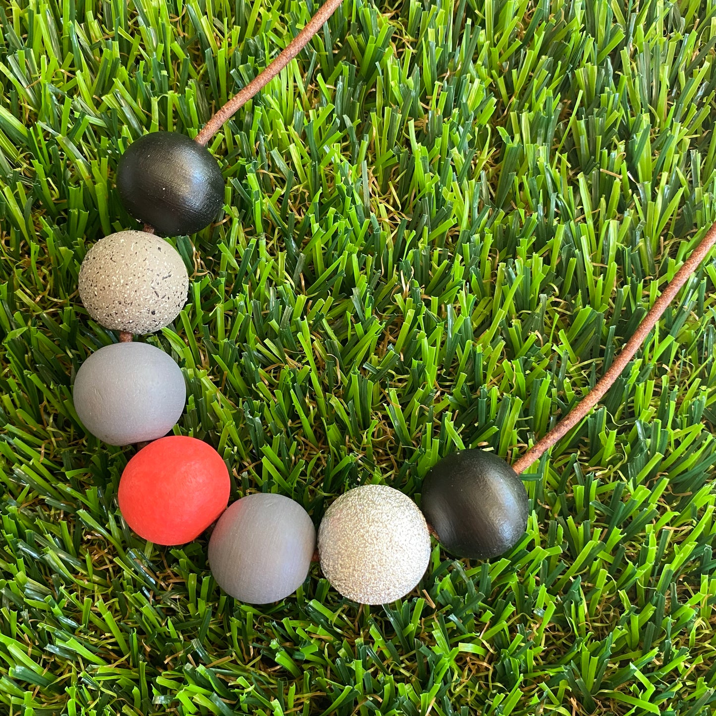Leather Beaded Necklace - Handmade Lightweight Designer Necklace Made with Adjustable Sliding Knots - Featuring Red, Grey, Silver and Black Accents.