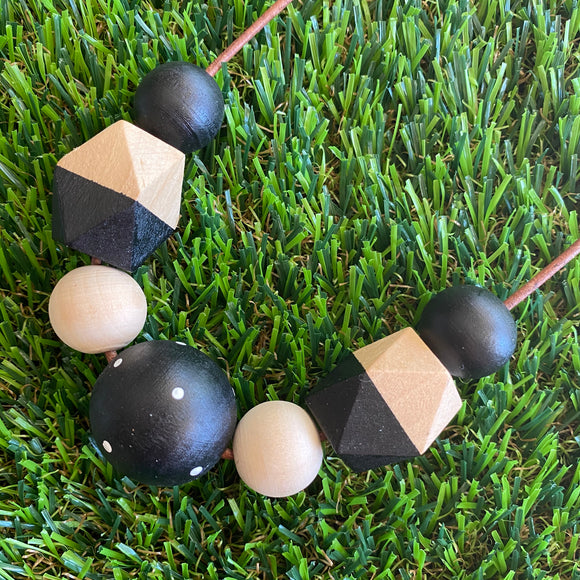 Leather Beaded Necklace - Handmade Lightweight Designer Necklace Made with Adjustable Sliding Knots - Featuring Timber and Black Beads with a hint of White.