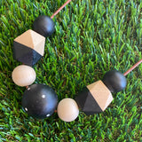 Leather Beaded Necklace - Handmade Lightweight Designer Necklace Made with Adjustable Sliding Knots - Featuring Timber and Black Beads with a hint of White.