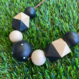 Leather Beaded Necklace - Handmade Lightweight Designer Necklace Made with Adjustable Sliding Knots - Featuring Timber and Black Beads with a hint of White.