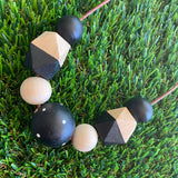Leather Beaded Necklace - Handmade Lightweight Designer Necklace Made with Adjustable Sliding Knots - Featuring Timber and Black Beads with a hint of White.