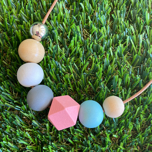 Leather Beaded Necklace - Handmade Lightweight Designer Necklace Made with Adjustable Sliding Knots - Featuring Pink, Blue, White, Grey and Timber Accents.