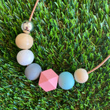 Leather Beaded Necklace - Handmade Lightweight Designer Necklace Made with Adjustable Sliding Knots - Featuring Pink, Blue, White, Grey and Timber Accents.