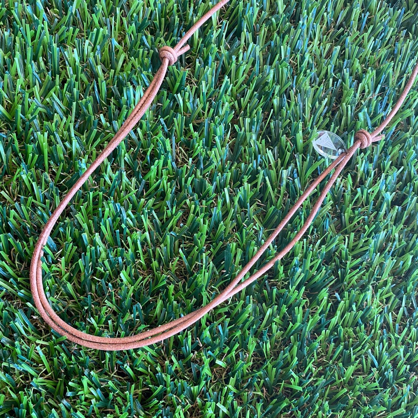 Leather Beaded Necklace - Handmade Lightweight Designer Necklace Made with Adjustable Sliding Knots - Featuring Pink, Blue, White, Grey and Timber Accents.