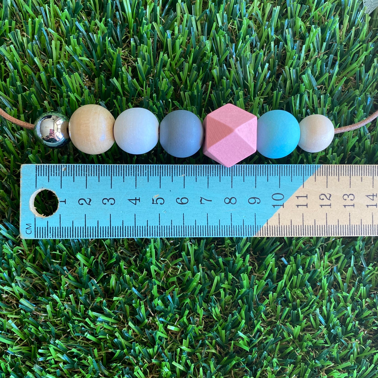 Leather Beaded Necklace - Handmade Lightweight Designer Necklace Made with Adjustable Sliding Knots - Featuring Pink, Blue, White, Grey and Timber Accents.
