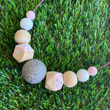 Leather Beaded Necklace - Handmade Lightweight Designer Necklace Made with Adjustable Sliding Knots - Featuring Timber, Pale Pink, White and Grey Accents.