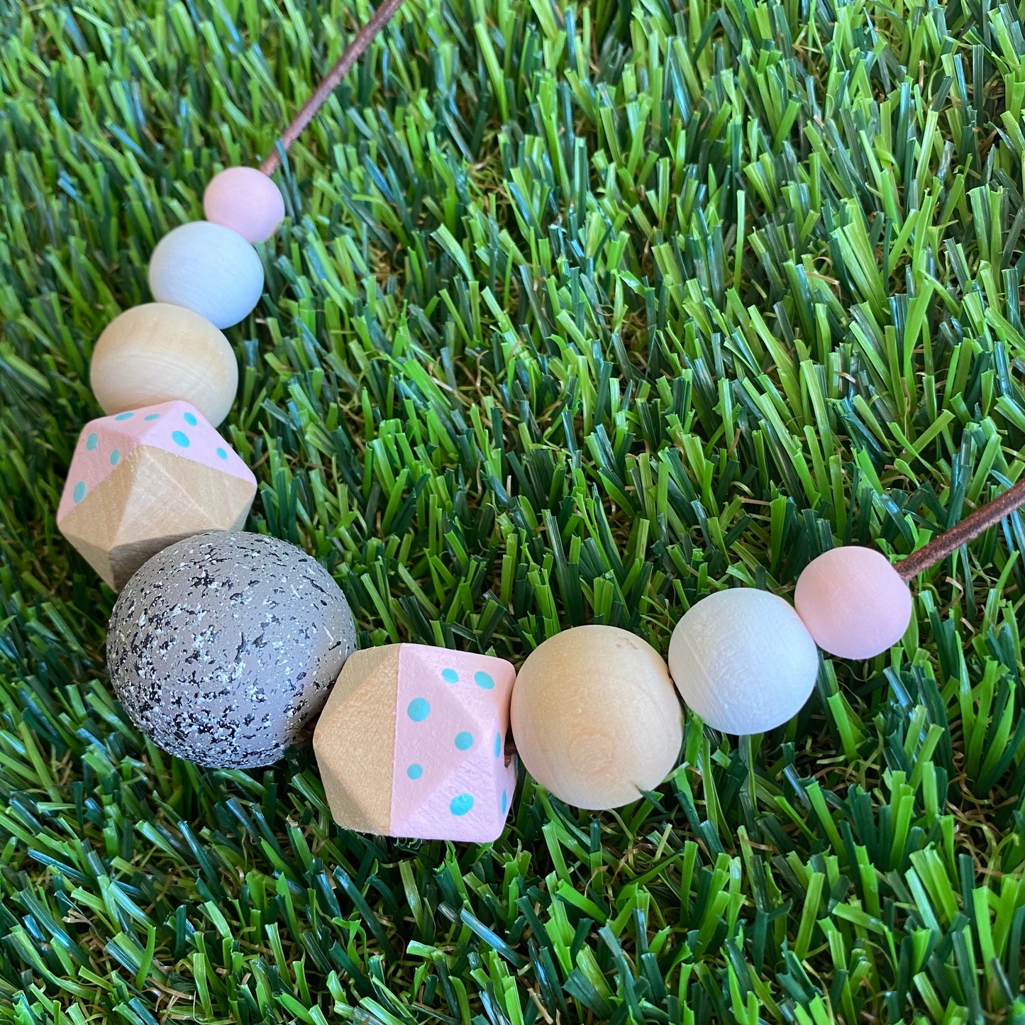 Leather Beaded Necklace - Handmade Lightweight Designer Necklace Made with Adjustable Sliding Knots - Featuring Timber, Pale Pink, White and Grey Accents.