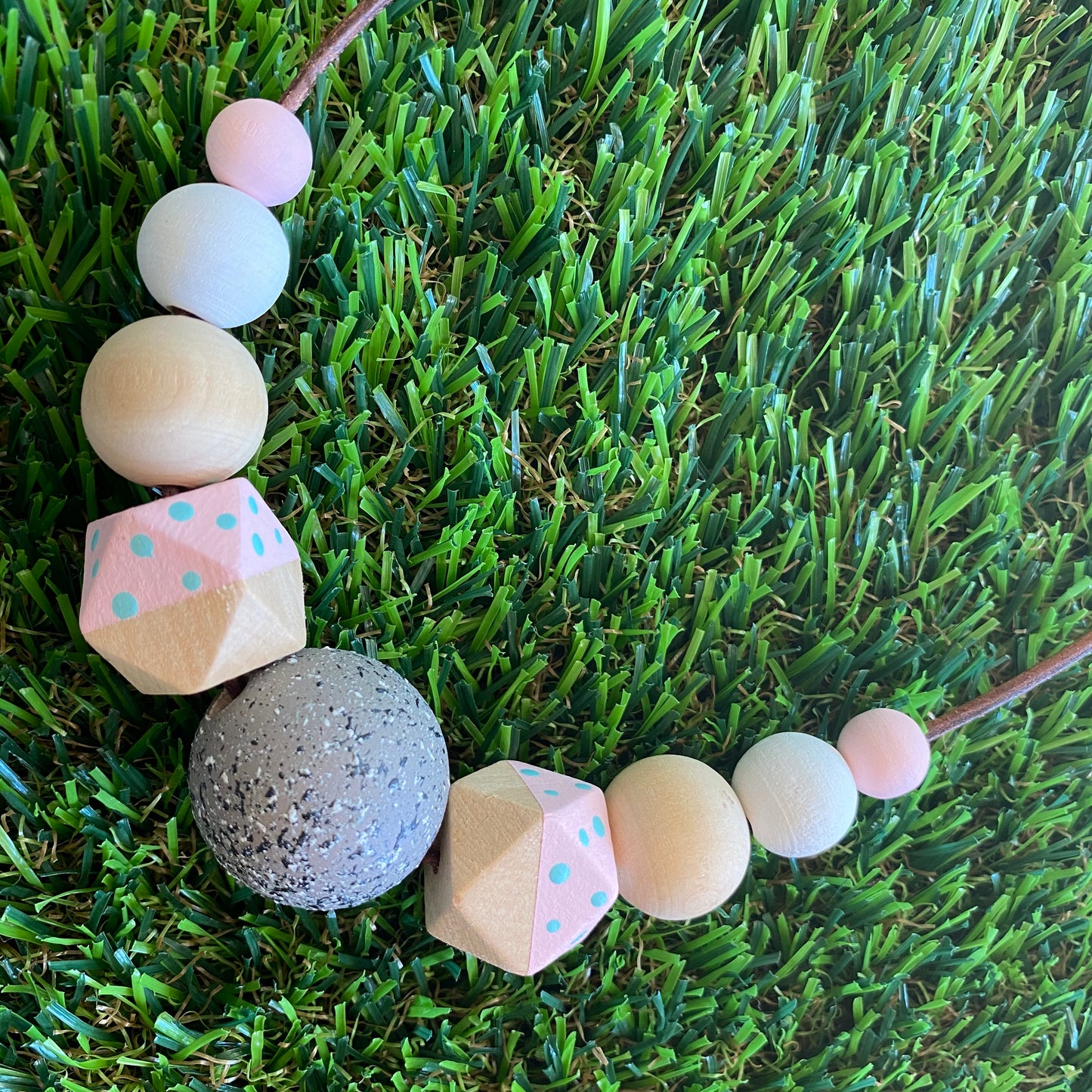 Leather Beaded Necklace - Handmade Lightweight Designer Necklace Made with Adjustable Sliding Knots - Featuring Timber, Pale Pink, White and Grey Accents.