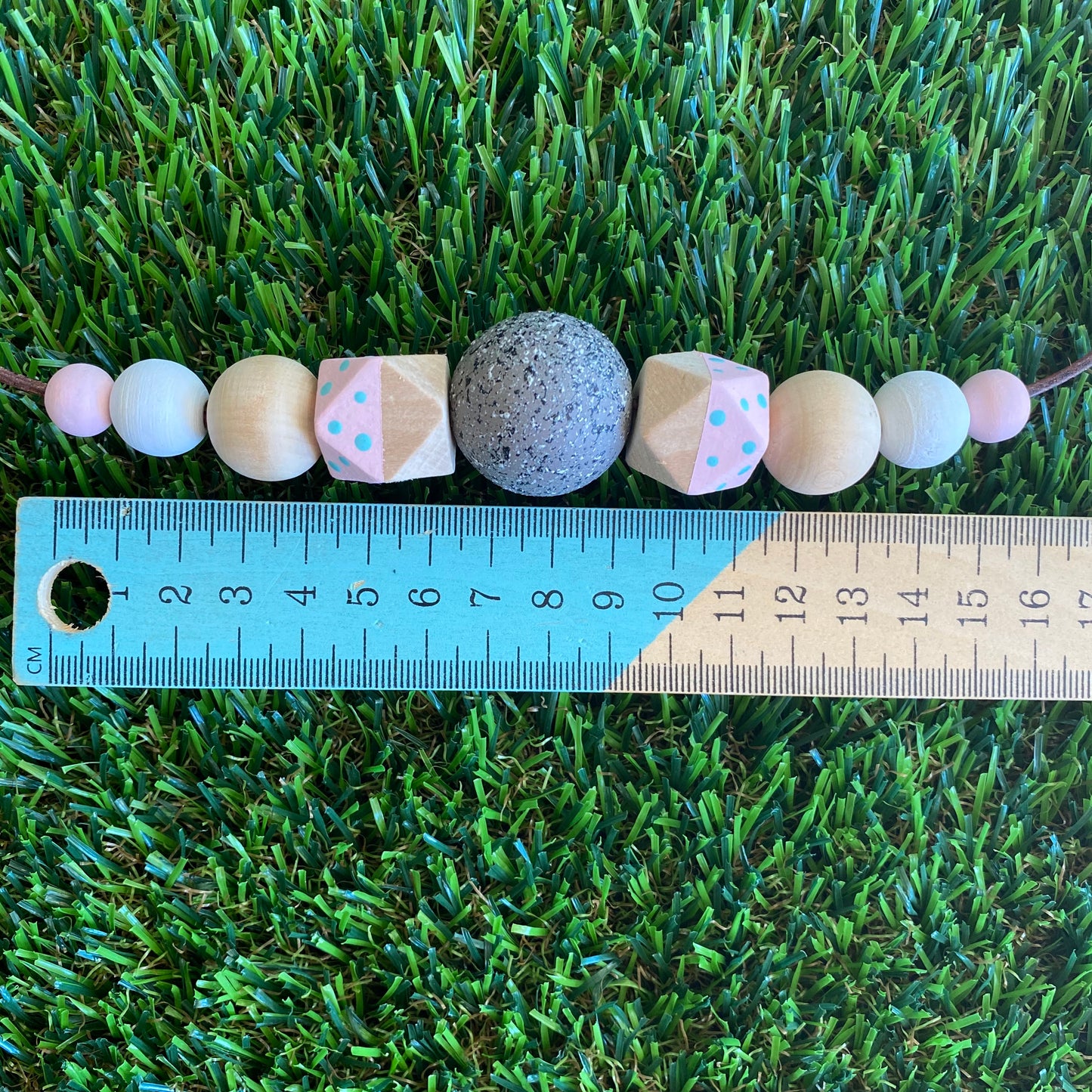 Leather Beaded Necklace - Handmade Lightweight Designer Necklace Made with Adjustable Sliding Knots - Featuring Timber, Pale Pink, White and Grey Accents.