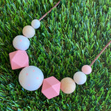 Leather Beaded Necklace - Handmade Lightweight Designer Necklace Made with Adjustable Sliding Knots - Featuring White, Pink and Timber Accents.