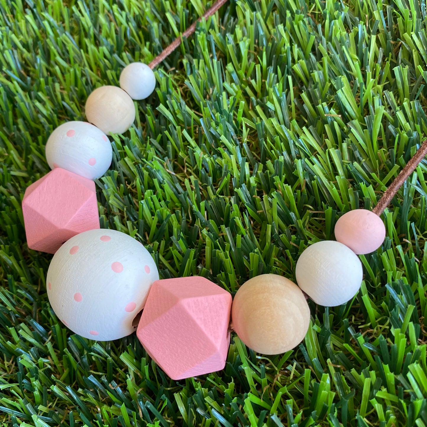Leather Beaded Necklace - Handmade Lightweight Designer Necklace Made with Adjustable Sliding Knots - Featuring White, Pink and Timber Accents.