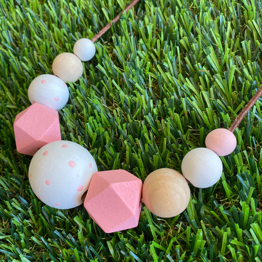 Leather Beaded Necklace - Handmade Lightweight Designer Necklace Made with Adjustable Sliding Knots - Featuring White, Pink and Timber Accents.