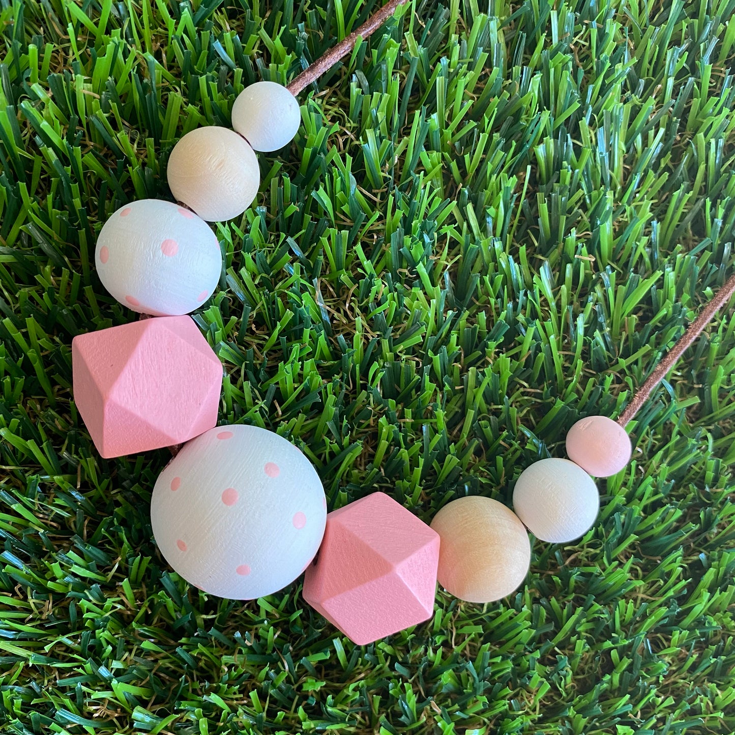 Leather Beaded Necklace - Handmade Lightweight Designer Necklace Made with Adjustable Sliding Knots - Featuring White, Pink and Timber Accents.