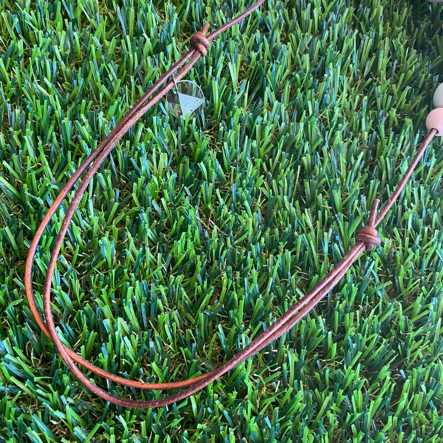 Leather Beaded Necklace - Handmade Lightweight Designer Necklace Made with Adjustable Sliding Knots - Featuring White, Pink and Timber Accents.