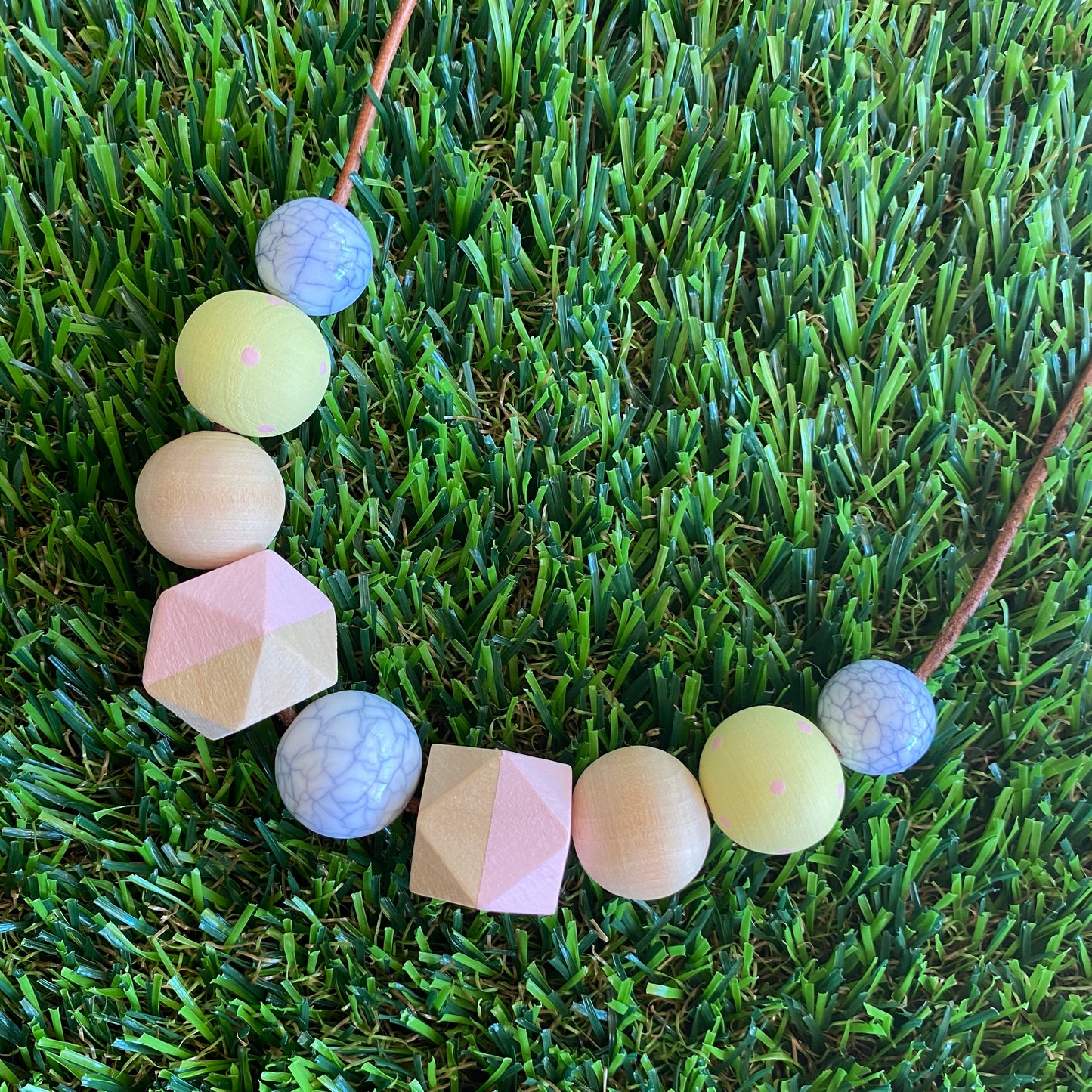 Leather Beaded Necklace - Handmade Lightweight Designer Necklace Made with Adjustable Sliding Knots - Featuring Timber, Marble, Pale Pink and Lemon Accents.