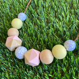 Leather Beaded Necklace - Handmade Lightweight Designer Necklace Made with Adjustable Sliding Knots - Featuring Timber, Marble, Pale Pink and Lemon Accents.
