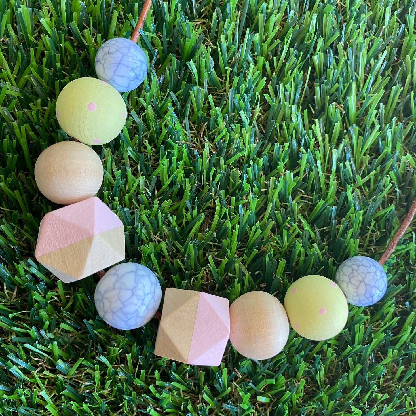 Leather Beaded Necklace - Handmade Lightweight Designer Necklace Made with Adjustable Sliding Knots - Featuring Timber, Marble, Pale Pink and Lemon Accents.