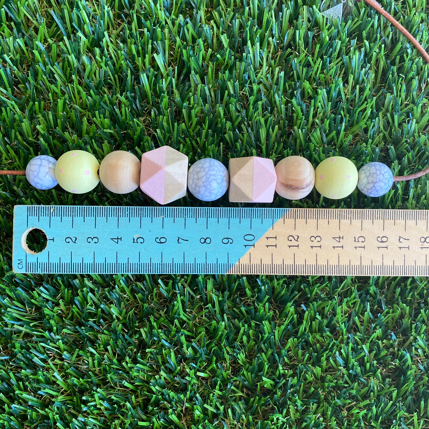 Leather Beaded Necklace - Handmade Lightweight Designer Necklace Made with Adjustable Sliding Knots - Featuring Timber, Marble, Pale Pink and Lemon Accents.