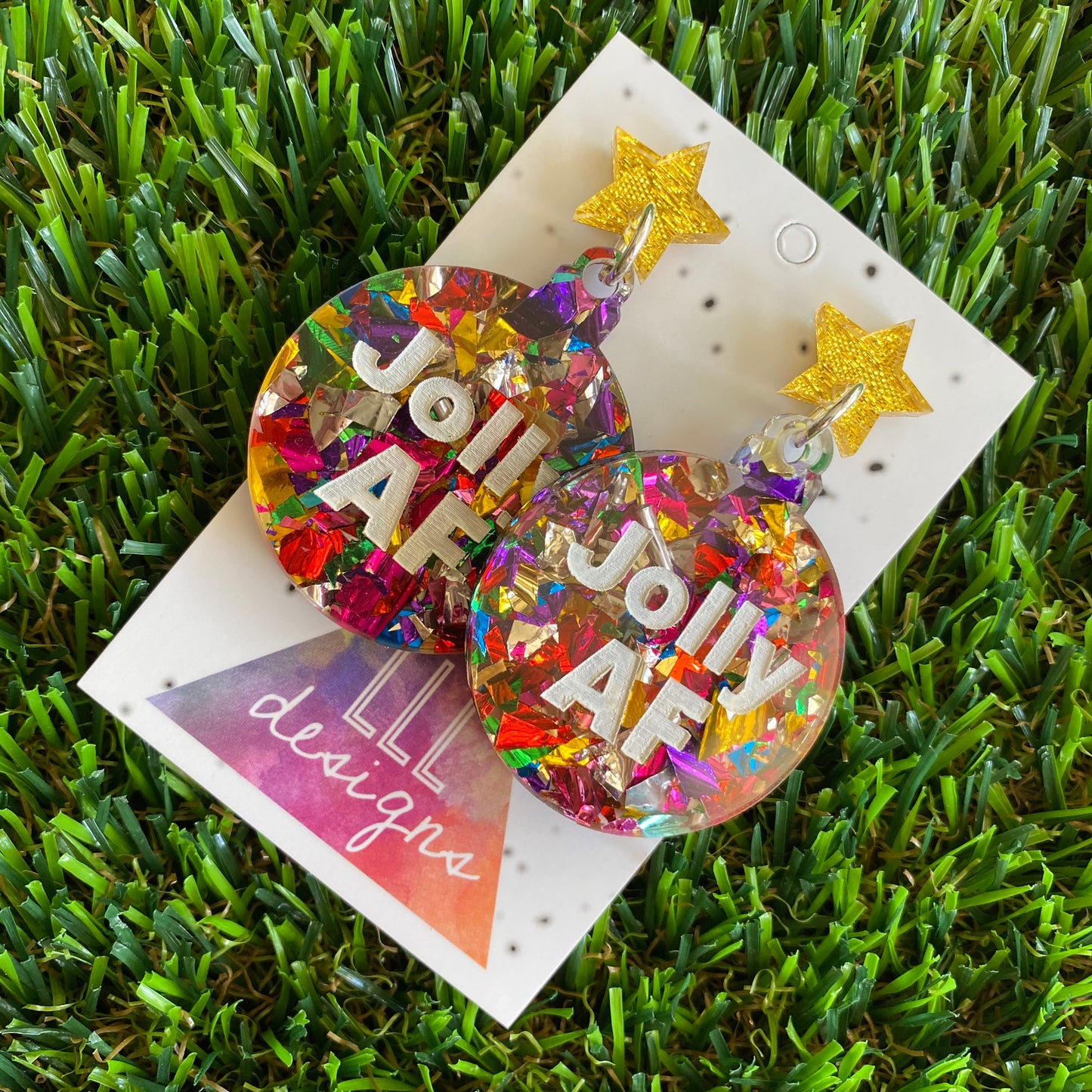 Jolly AF Statement Dangle Earrings with Rainbow Glitter and Gold Glitz Star Tops.