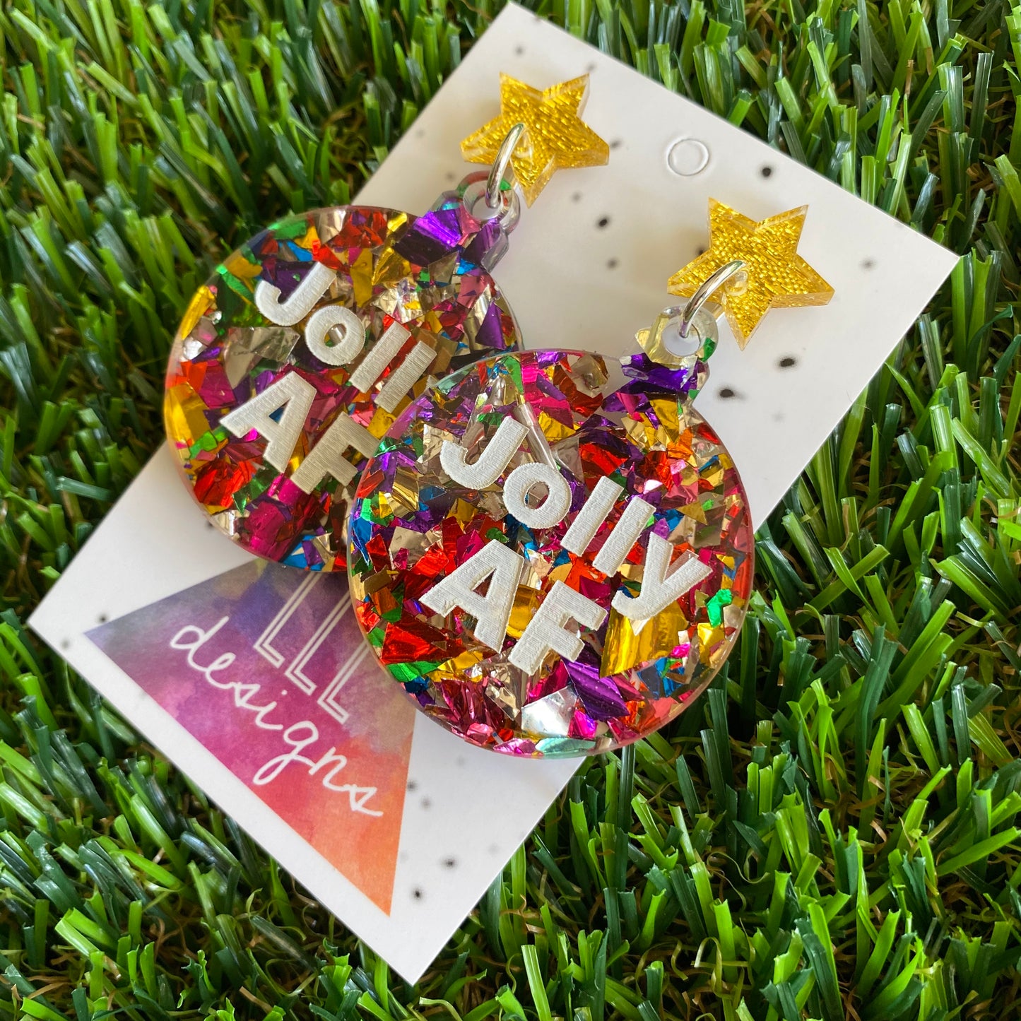 Jolly AF Statement Dangle Earrings with Rainbow Glitter and Gold Glitz Star Tops.
