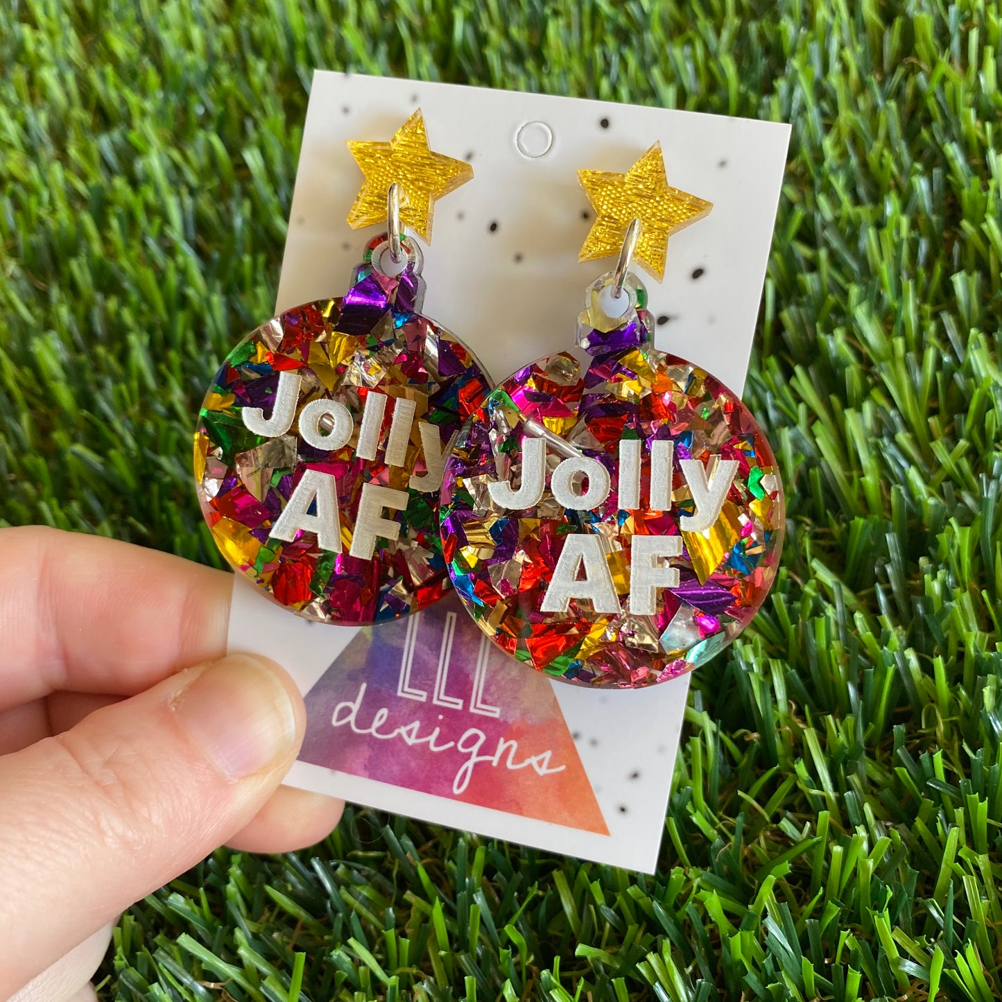 Jolly AF Statement Dangle Earrings with Rainbow Glitter and Gold Glitz Star Tops.