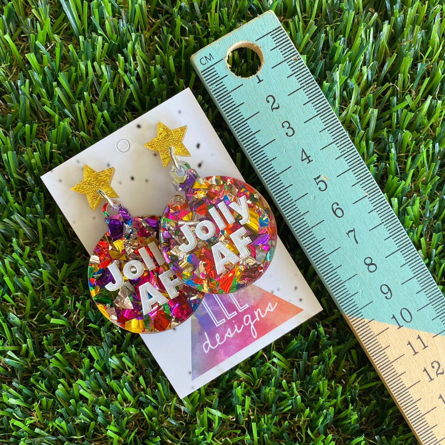 Jolly AF Statement Dangle Earrings with Rainbow Glitter and Gold Glitz Star Tops.