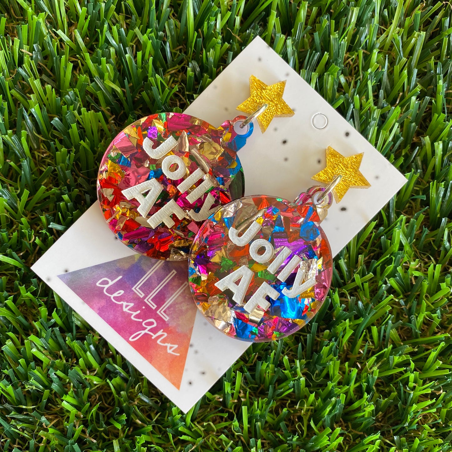 Jolly AF Statement Dangle Earrings with Rainbow Glitter and Gold Glitz Star Tops.