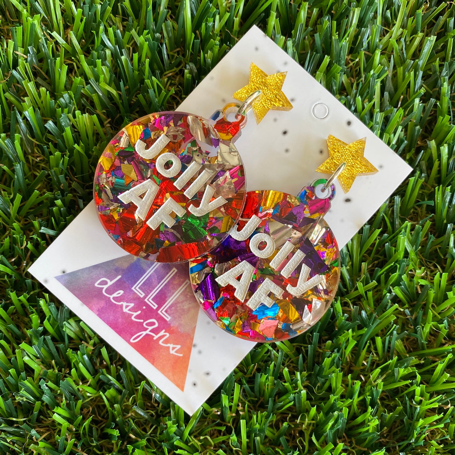 Jolly AF Statement Dangle Earrings with Rainbow Glitter and Gold Glitz Star Tops.
