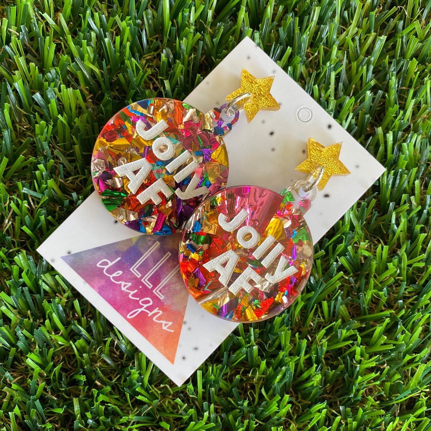 Jolly AF Statement Dangle Earrings with Rainbow Glitter and Gold Glitz Star Tops.