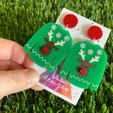 Ugly Christmas Sweater Earrings - Christmas Sweater Earrings - Reindeer Pattern - Featuring Red Glitter Nose and Glitter Red Tops to make them POP!