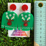 Ugly Christmas Sweater Earrings - Christmas Sweater Earrings - Reindeer Pattern - Featuring Red Glitter Nose and Glitter Red Tops to make them POP!