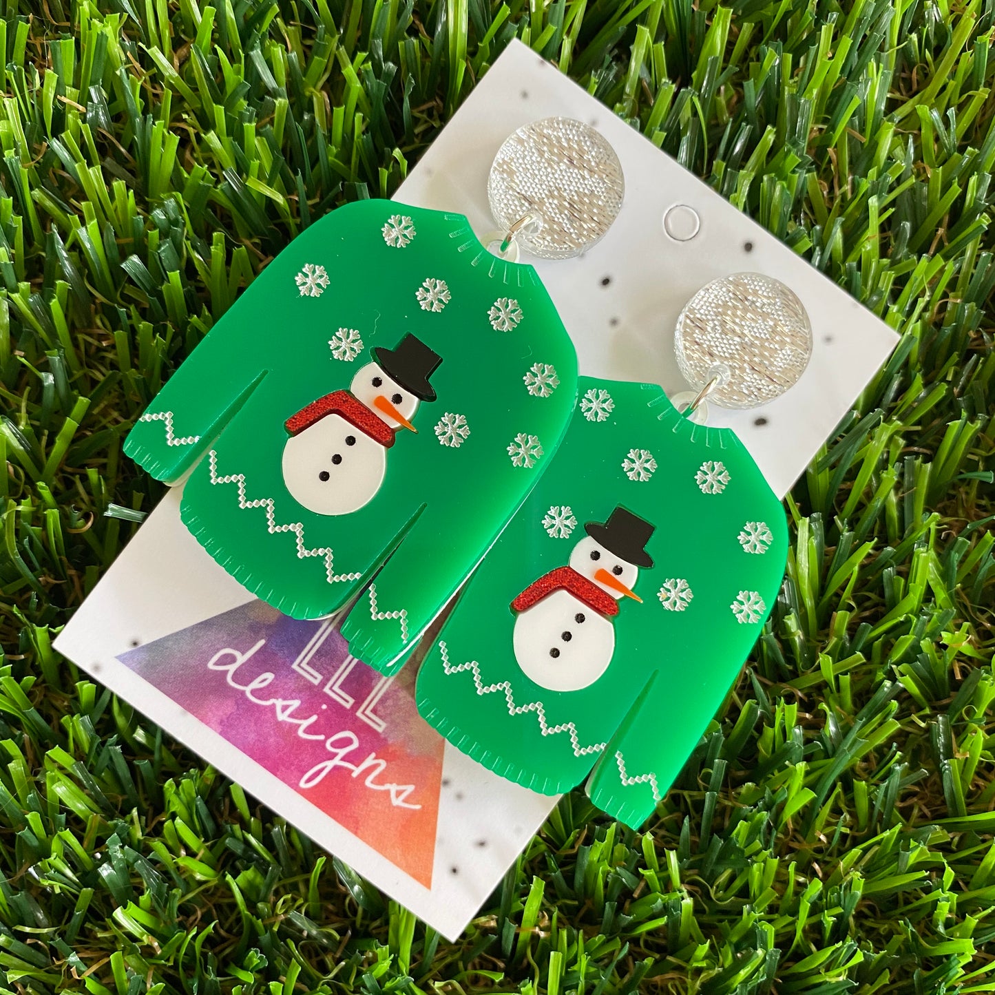 Ugly Christmas Sweater Earrings - Christmas Sweater Earrings - Snowman Pattern - Featuring Red Glitter Scarves and Glitz Silver Tops to make them POP!