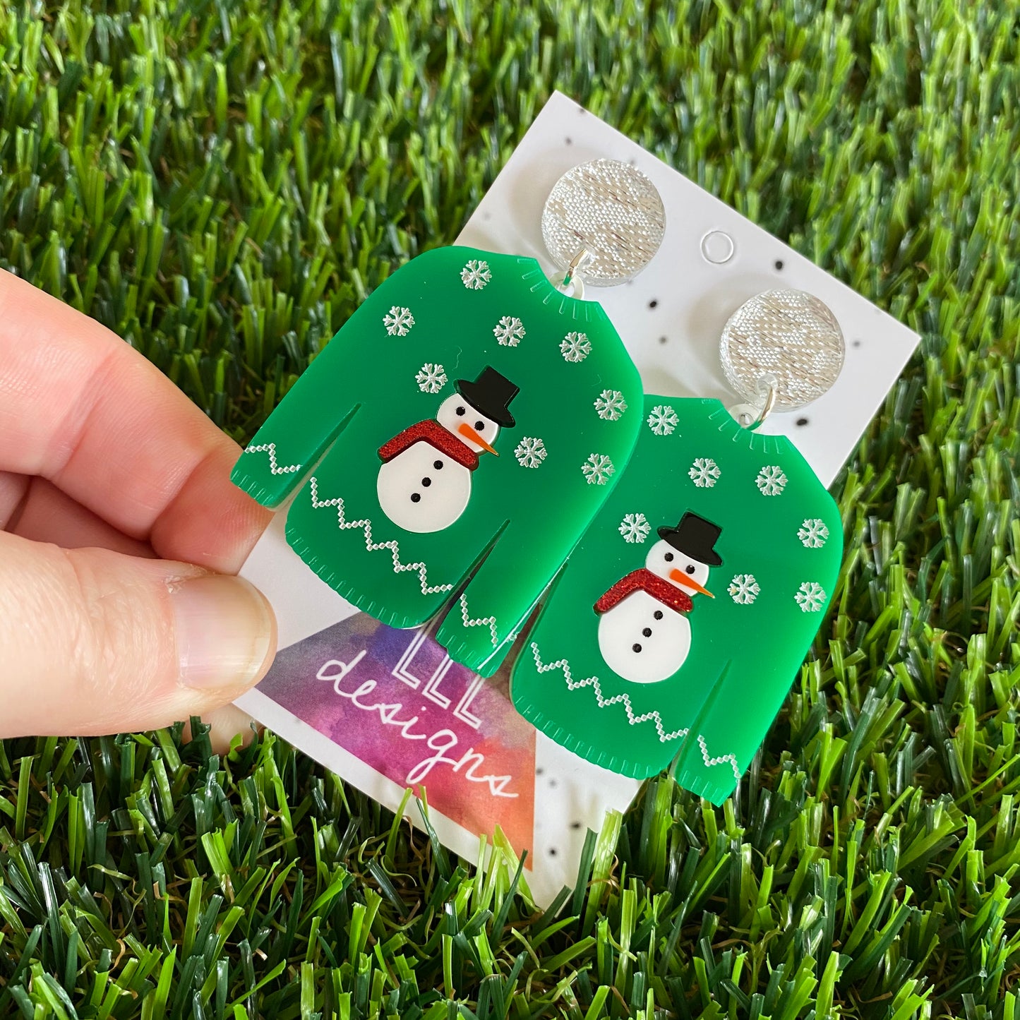 Ugly Christmas Sweater Earrings - Christmas Sweater Earrings - Snowman Pattern - Featuring Red Glitter Scarves and Glitz Silver Tops to make them POP!