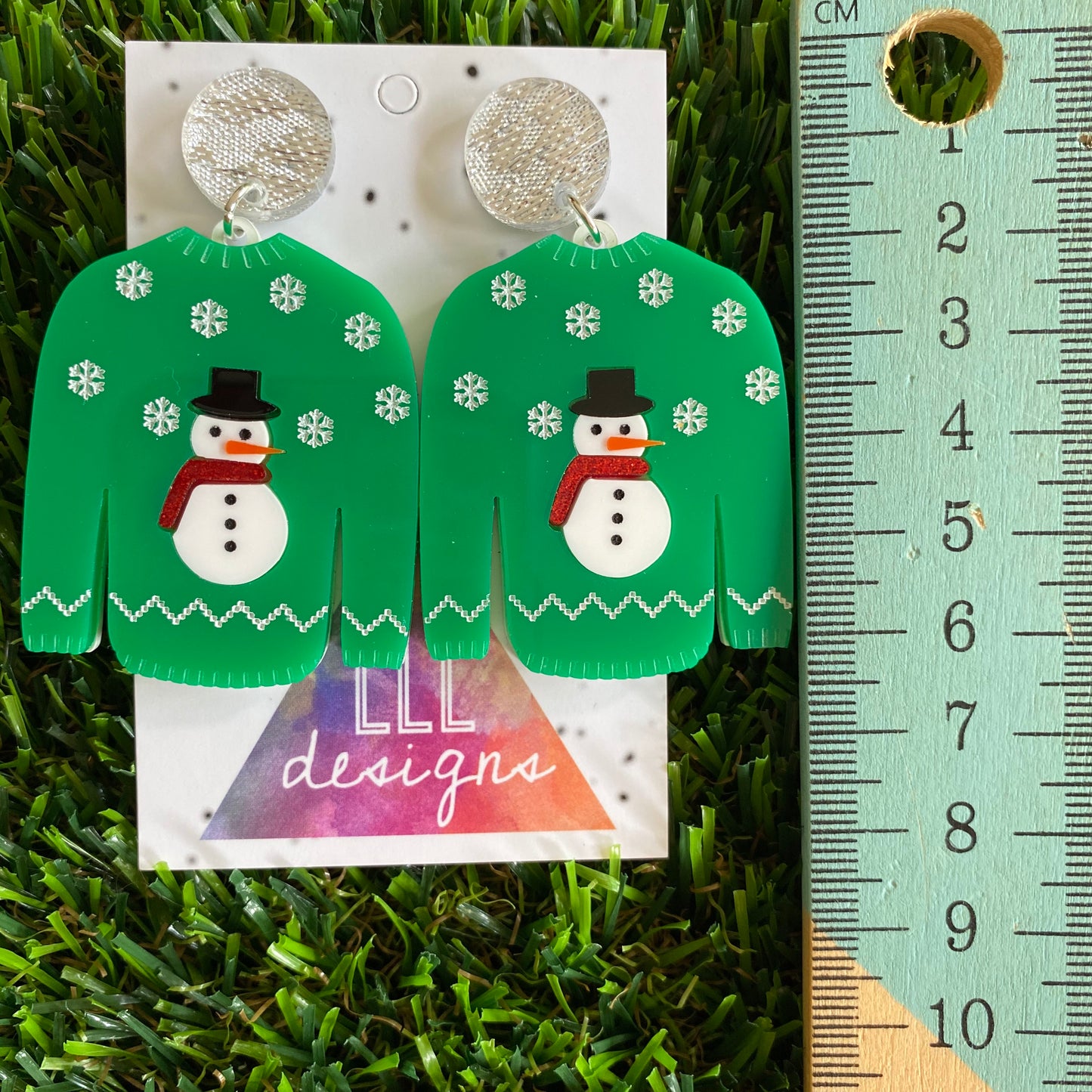 Ugly Christmas Sweater Earrings - Christmas Sweater Earrings - Snowman Pattern - Featuring Red Glitter Scarves and Glitz Silver Tops to make them POP!