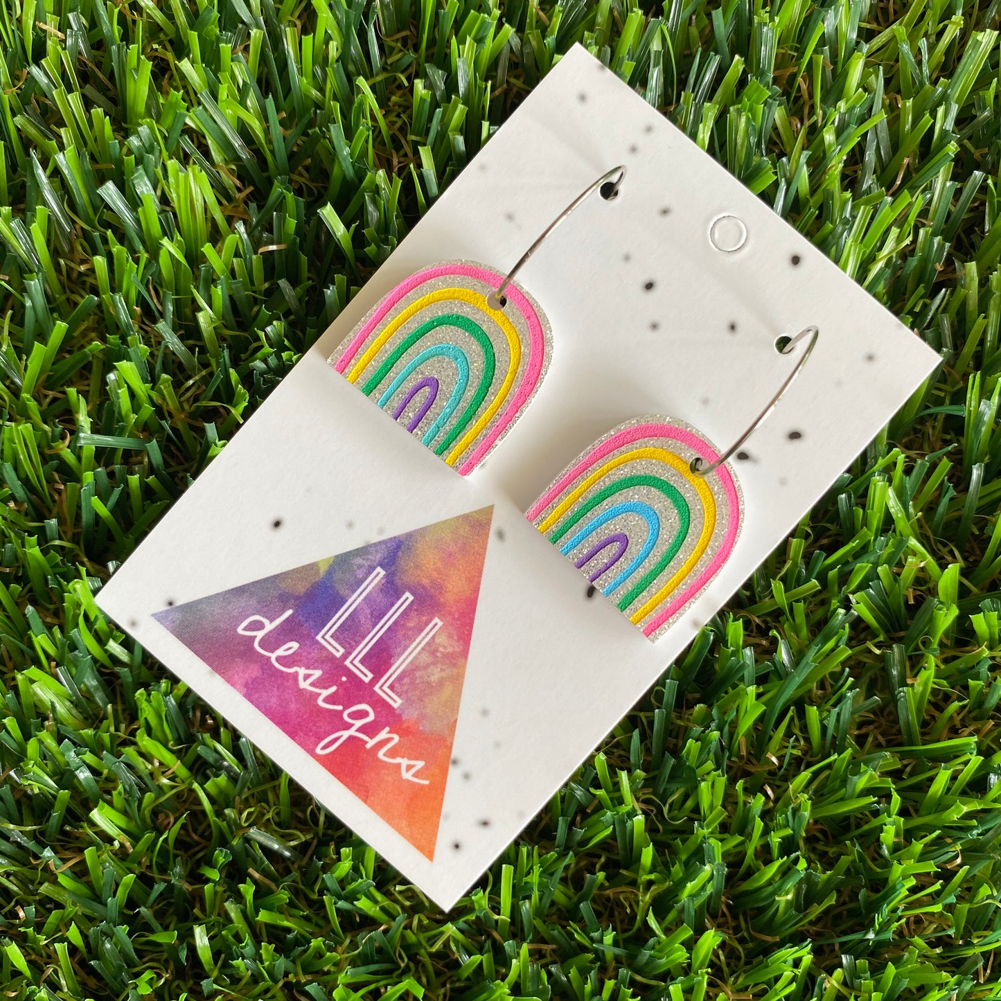 Rainbow Earrings - Glitter Rainbow Hoop Earrings - Adorable Silver Glitter Hand Painted Rainbow Hoop Earrings - In the Cute Colour Way.