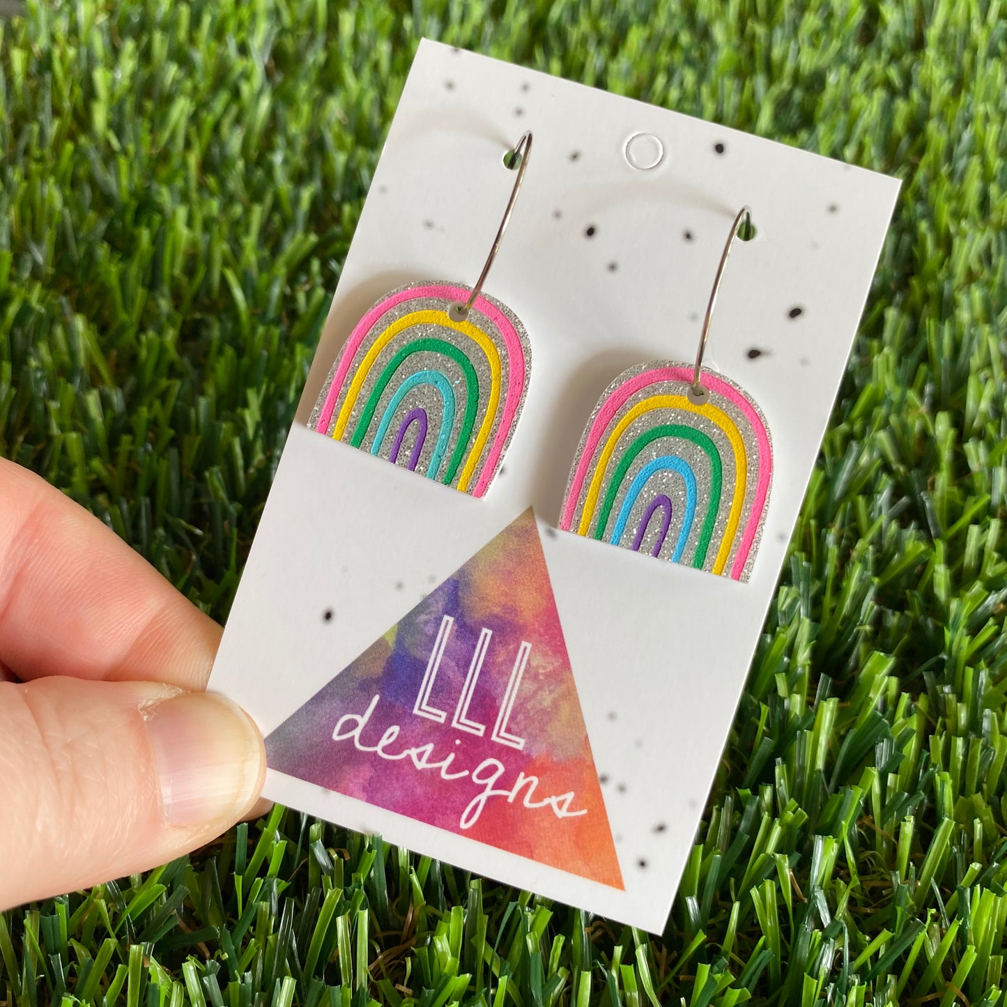 Rainbow Earrings - Glitter Rainbow Hoop Earrings - Adorable Silver Glitter Hand Painted Rainbow Hoop Earrings - In the Cute Colour Way.