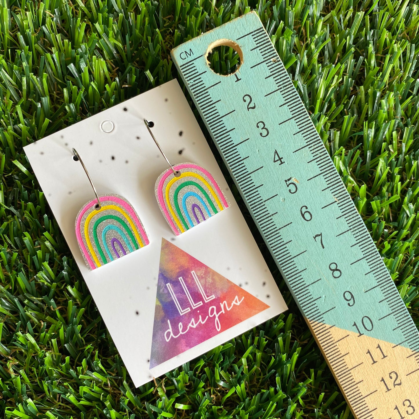 Rainbow Earrings - Glitter Rainbow Hoop Earrings - Adorable Silver Glitter Hand Painted Rainbow Hoop Earrings - In the Cute Colour Way.