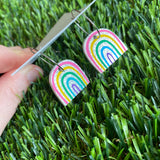 Rainbow Earrings - Glitter Rainbow Hoop Earrings - Adorable Silver Glitter Hand Painted Rainbow Hoop Earrings - In the Cute Colour Way.