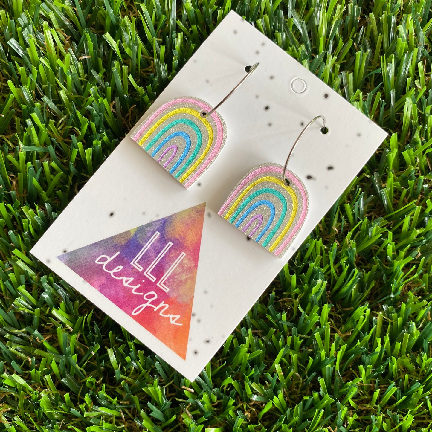 Rainbow Earrings - Glitter Rainbow Hoop Earrings - Adorable Silver Glitter Hand Painted Rainbow Hoop Earrings - In the Pastel Colour Way.